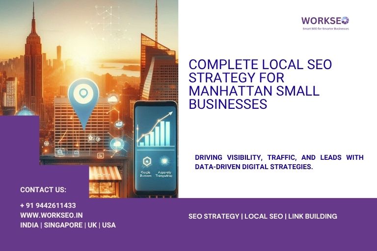 Manhattan skyline with SEO icons and a smartphone showing Google Business data, representing local SEO strategies for small businesses.