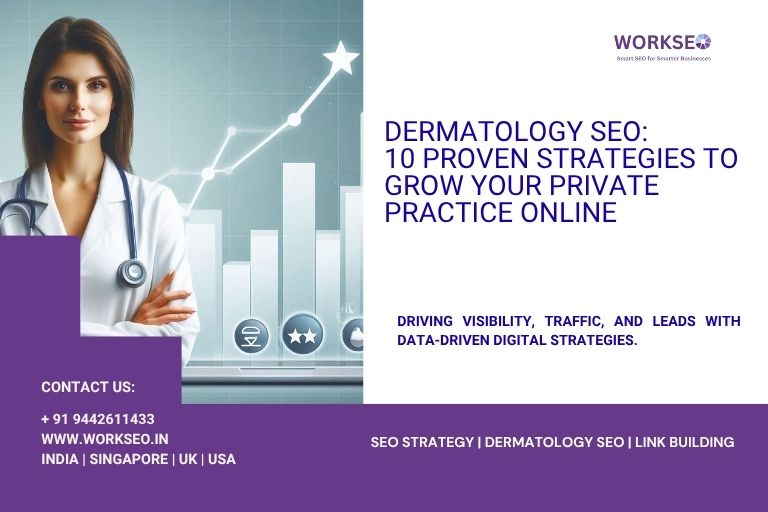 Dermatology SEO cover page featuring a female doctor, digital analytics icons, and text promoting SEO strategies for private dermatology practices.