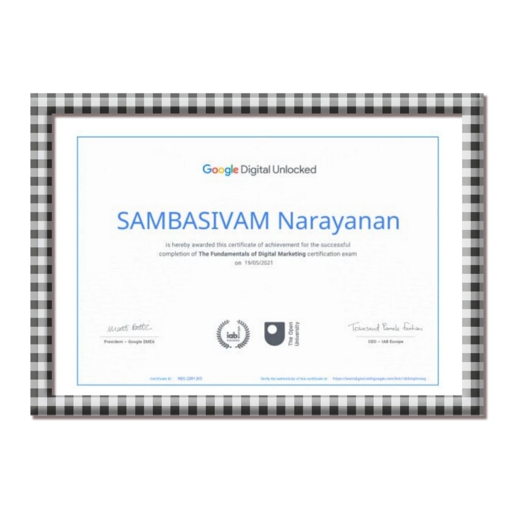 Google Digital Unlocked certificate awarded to Sambasivam Narayanan for Fundamentals of Digital Marketing.