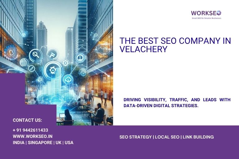 Modern digital marketing scene in Velachery with SEO icons and skyscrapers, representing the best SEO company WorkSEO.