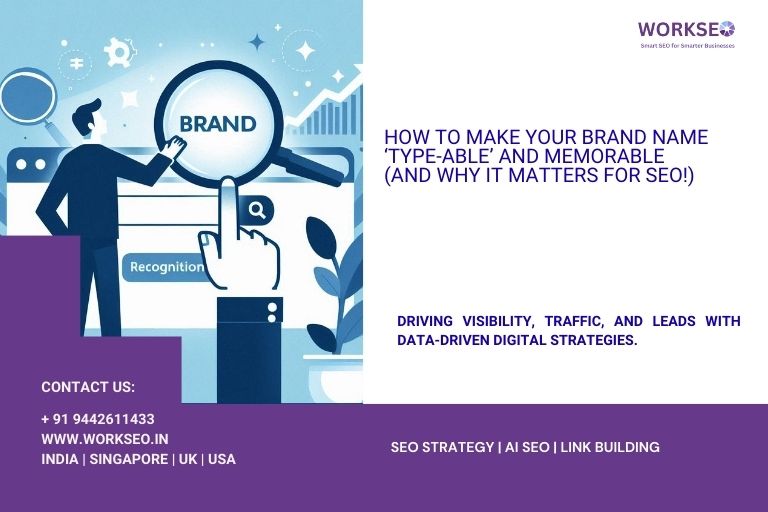 Businessman pointing at a magnifying glass with the word “Brand” to highlight recognition, trust, and SEO strategy.