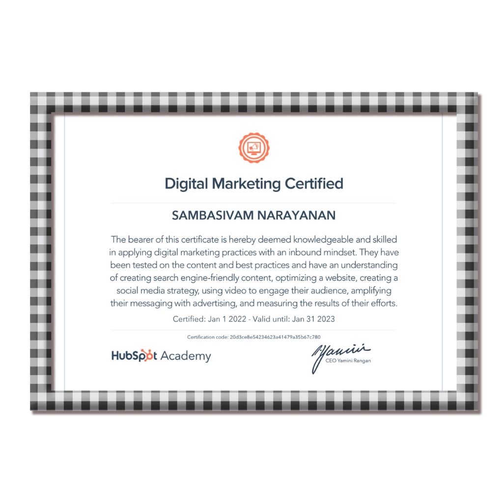 HubSpot Digital Marketing Certification awarded to Sambasivam Narayanan.