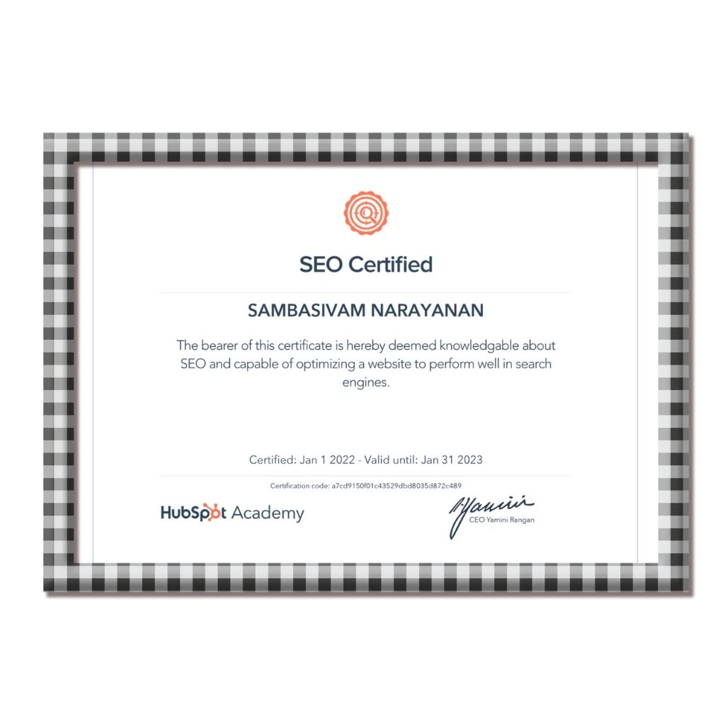 HubSpot Academy SEO Certification awarded to Sambasivam Narayanan.