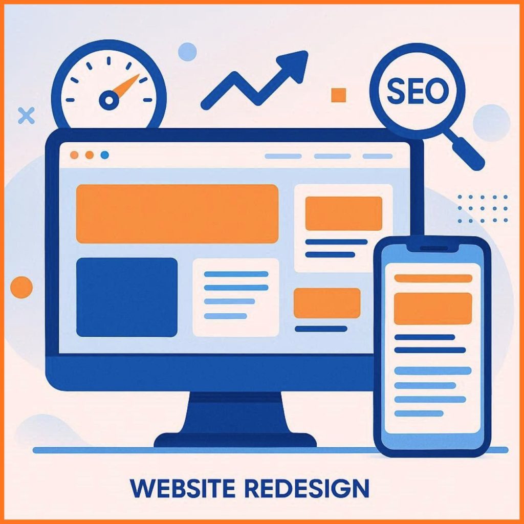 a modern website redesign with blue and orange UI elements, SEO icons, and device previews.
