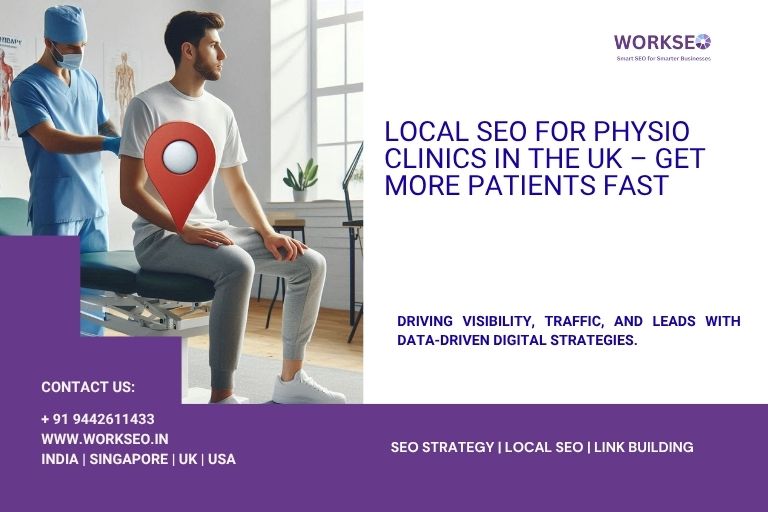 Physiotherapist treating a male patient in a modern clinic with a red location pin icon, promoting local SEO services for physio clinics in the UK by WorkSEO.