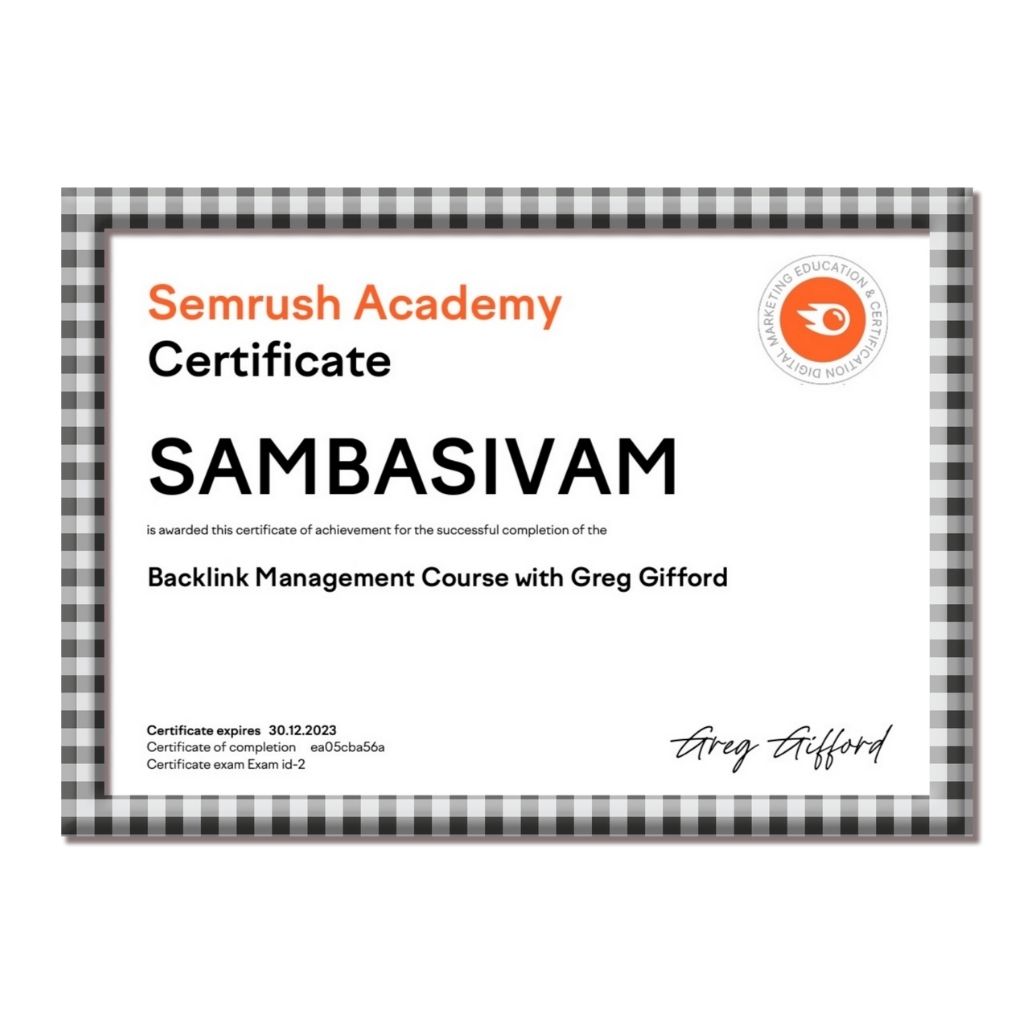 SEMrush Academy certificate awarded to Sambasivam for completing the Backlink Management course with Greg Gifford.
