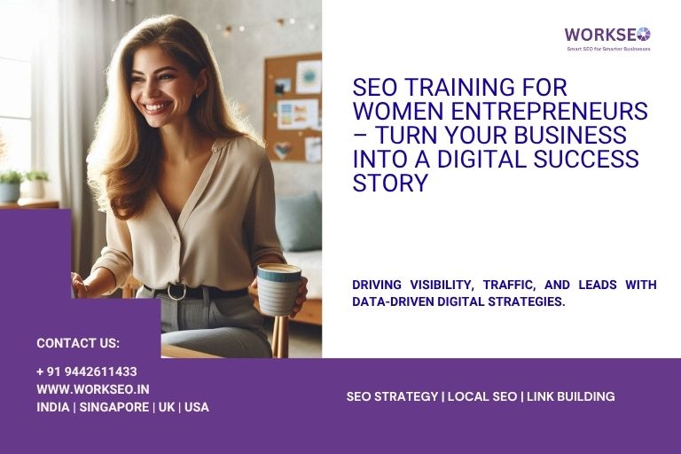 "Smiling woman entrepreneur holding a coffee cup while working on a laptop in a modern office, promoting SEO training for women entrepreneurs by WorkSEO."