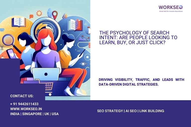 Illustration showing users with laptops, magnifying glass, shopping icons, and books representing the psychology of search intent—learning, buying, or browsing.