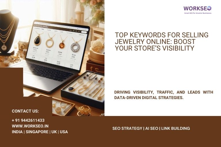 Laptop displaying online jewelry store with gold, silver, and gemstone necklaces, rings, and pendants, arranged on a desk with elegant jewelry trays, promoting top keywords for selling jewelry online by WorkSEO