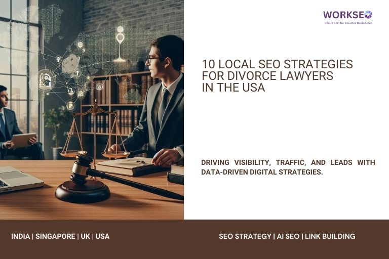 Divorce lawyer in office discussing local SEO strategies with clients, concept visuals of legal marketing and city targeting icons
