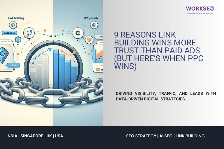 Comparison of link building and PPC growth with charts and icons, highlighting trust benefits of SEO over paid ads.