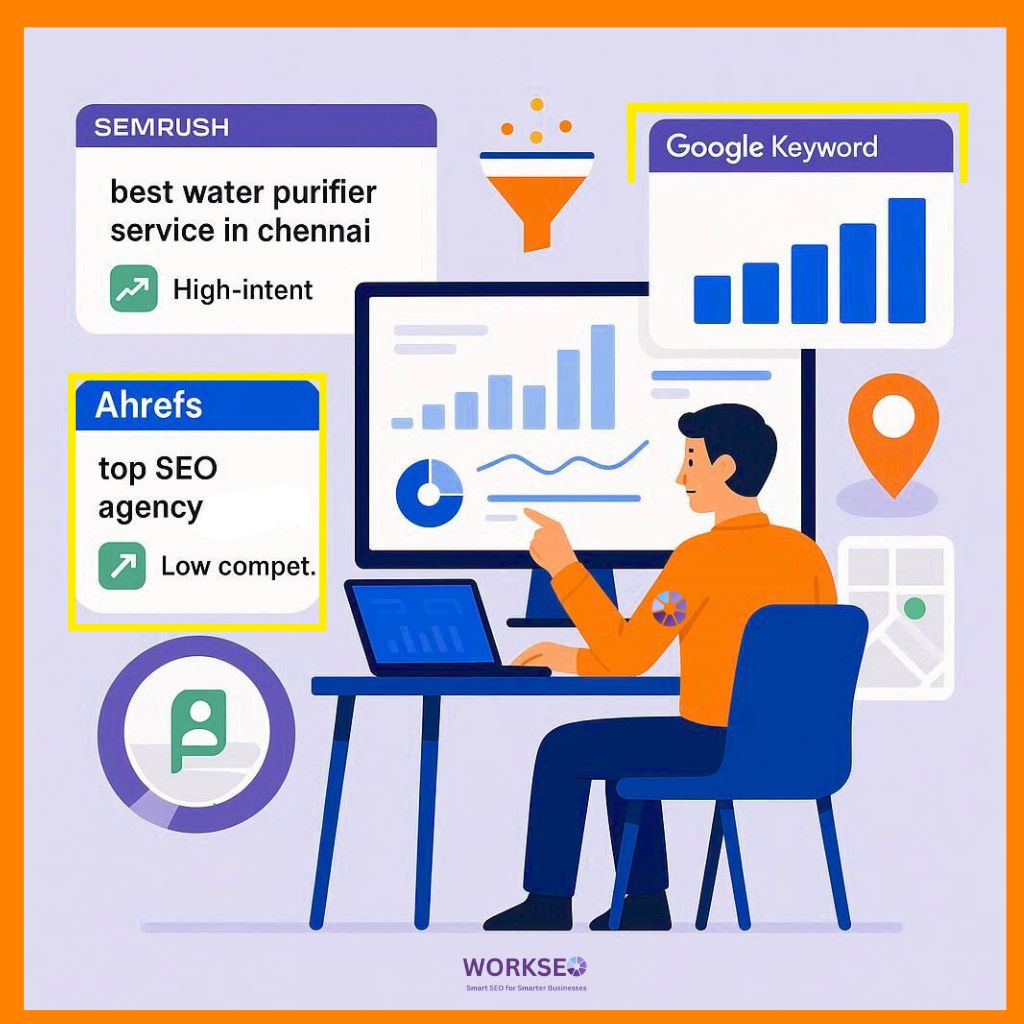 SEO expert researching high-intent and low-competition keywords with tools like SEMrush and Google Keyword Planner to attract qualified leads and boost local SEO visibility for WorkSEO clients.