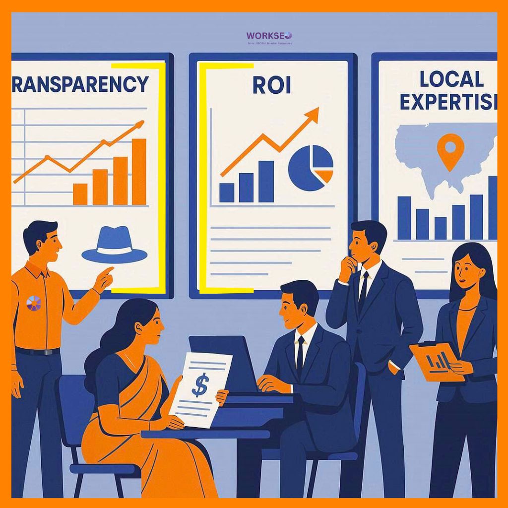 Business owners in Chennai evaluating SEO agencies based on transparency, ROI, local experience, and ethical white-hat SEO practices for performance and credibility.