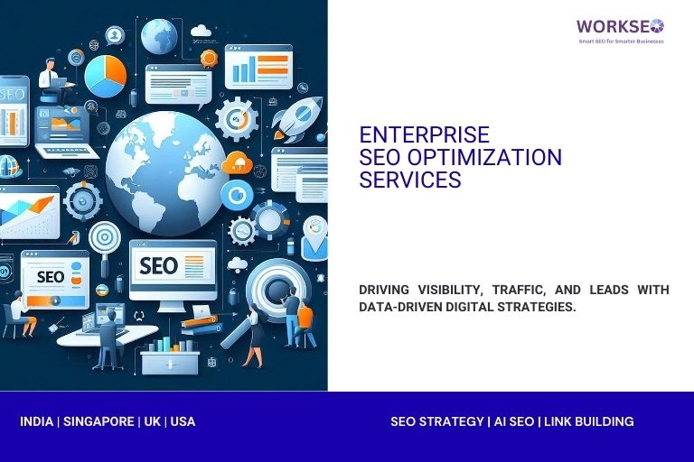 Enterprise SEO optimization services illustration with digital marketing icons, global SEO strategy, and analytics tools.
