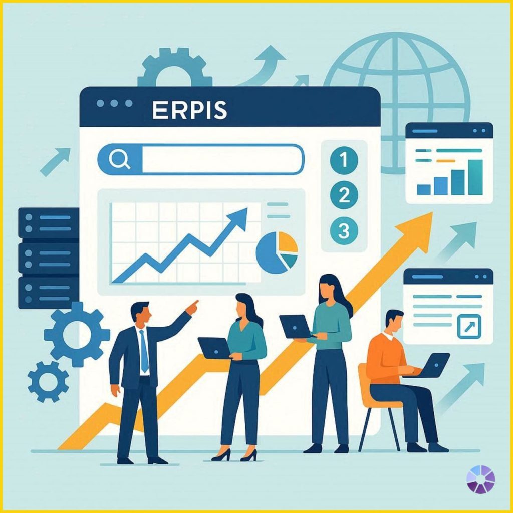 image showing enterprise SEO optimization with analytics dashboards, scalable website structure, global search visibility, and strategic digital growth using blue, green, yellow, and orange colors.