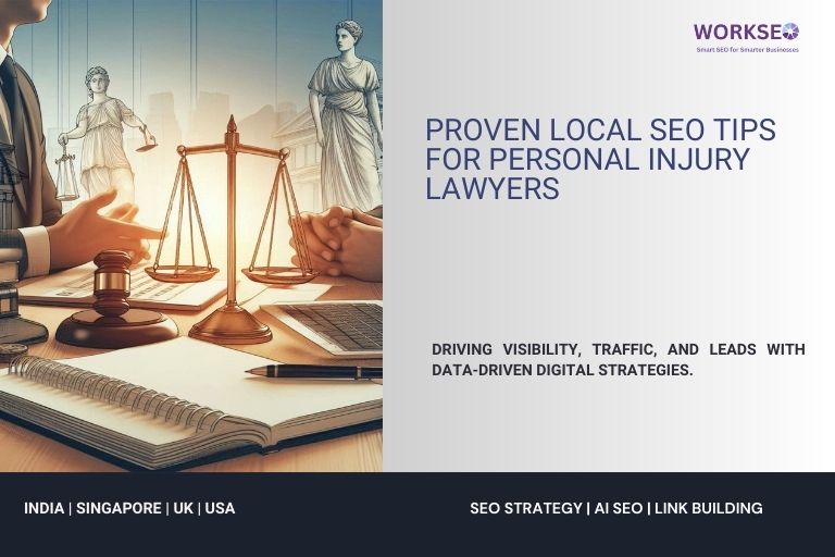 Personal injury lawyer meeting client with laptop, books, and scales of justice, symbolizing local SEO strategies.
