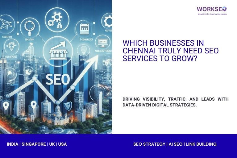 Digital illustration representing SEO strategies with upward growth graph and various business icons; text reads “Which businesses in Chennai truly need SEO services to grow?