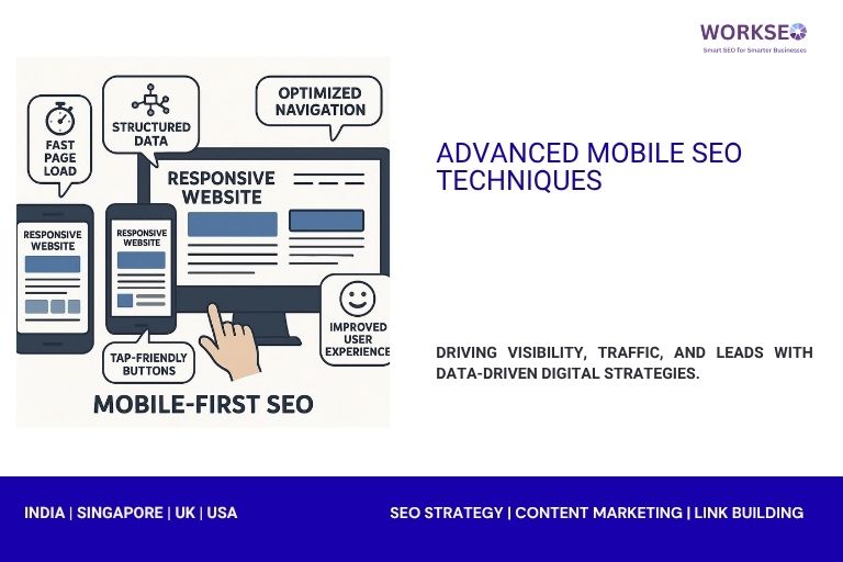 Advanced Mobile SEO Techniques – Responsive website design, fast page load, structured data, and optimized navigation for mobile-first SEO.