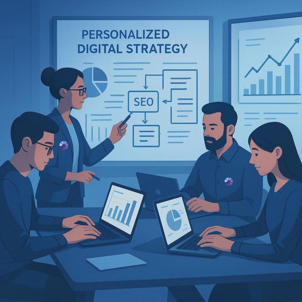 SEO experts designing personalized digital marketing strategy with charts and laptops in blue workspace.