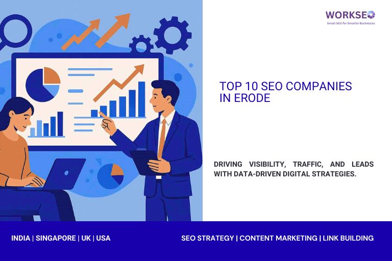 Two digital marketers analyzing SEO performance on laptop with charts and graphs, symbolizing SEO agencies in Erode.