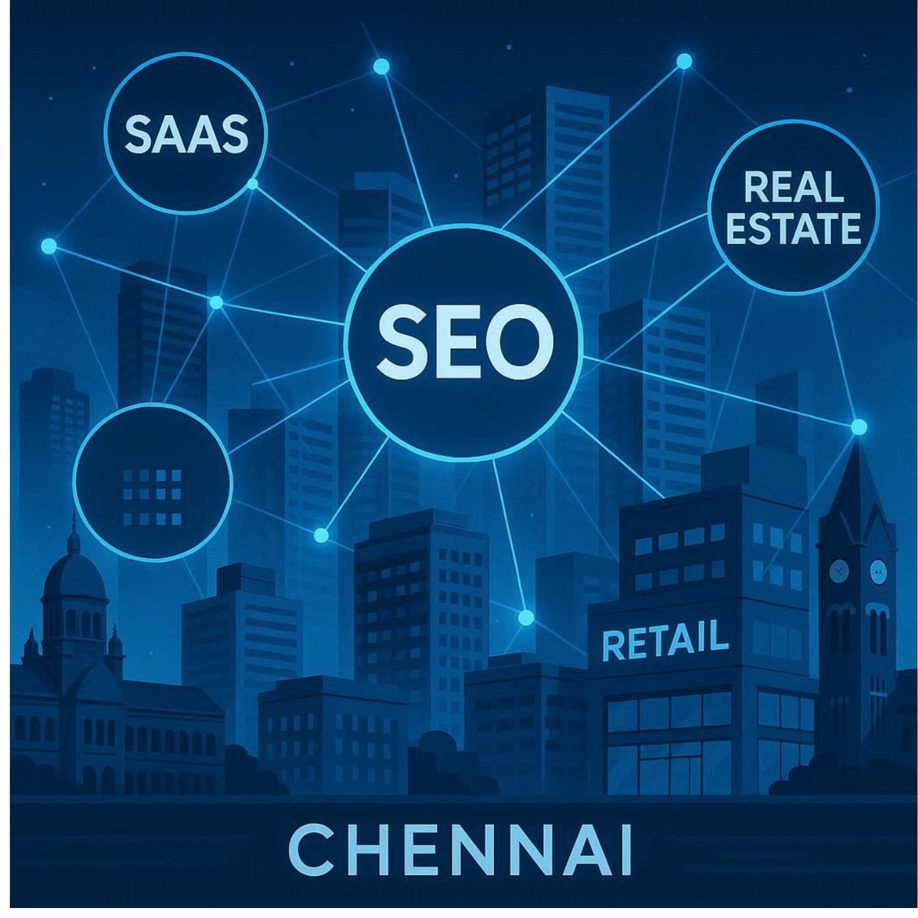 Chennai city skyline with connected blue network lines representing business growth through SEO.