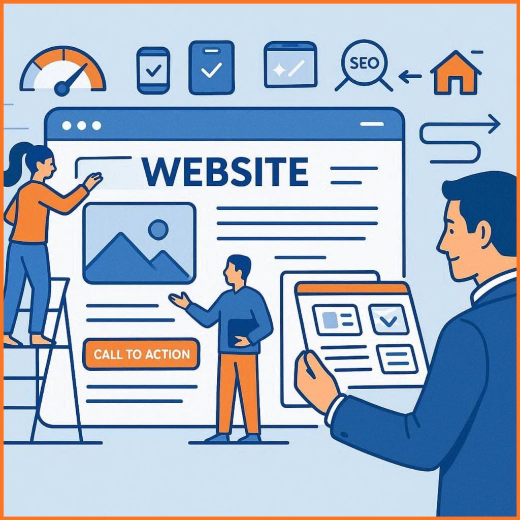 a professional web design team creating modern, SEO-friendly business websites in blue and orange colors, featuring clean layouts, mobile-friendly screens, fast loading icons, and clear call-to-action elements