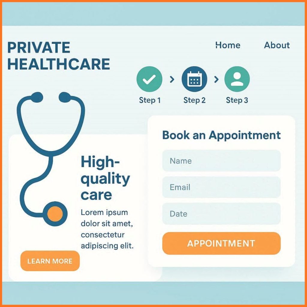 image of a private healthcare clinic website showing clear CTAs, simple layout, patient-friendly navigation, and an easy online booking flow in blue, green, and orange colors.