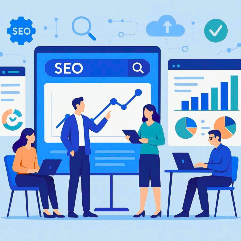 Data analytics team reviewing SEO performance dashboards with charts and keyword insights for enterprise growth.