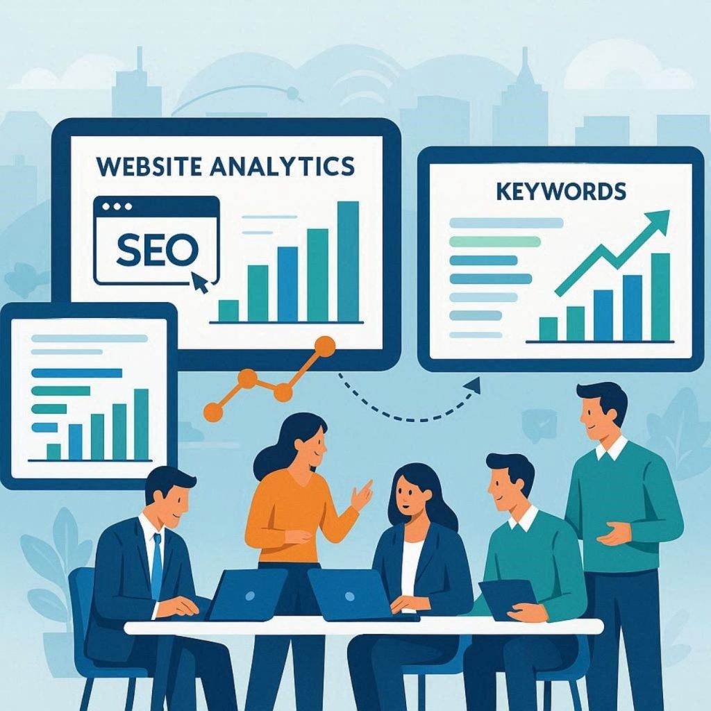 Team analyzing enterprise SEO data dashboards with keyword charts, ROI metrics, and real-time analytics for large-scale business growth.