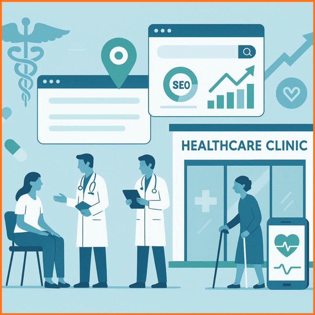 image of a private healthcare clinic receiving more online visibility through SEO, showing doctors, patients, search icons, analytics charts, and digital growth elements.