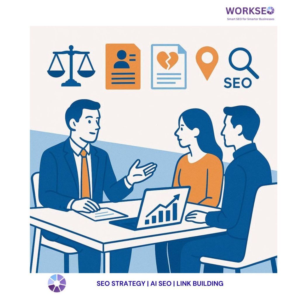 showing a divorce lawyer consulting clients with legal icons, SEO charts, and location markers, representing SEO services for divorce lawyers.