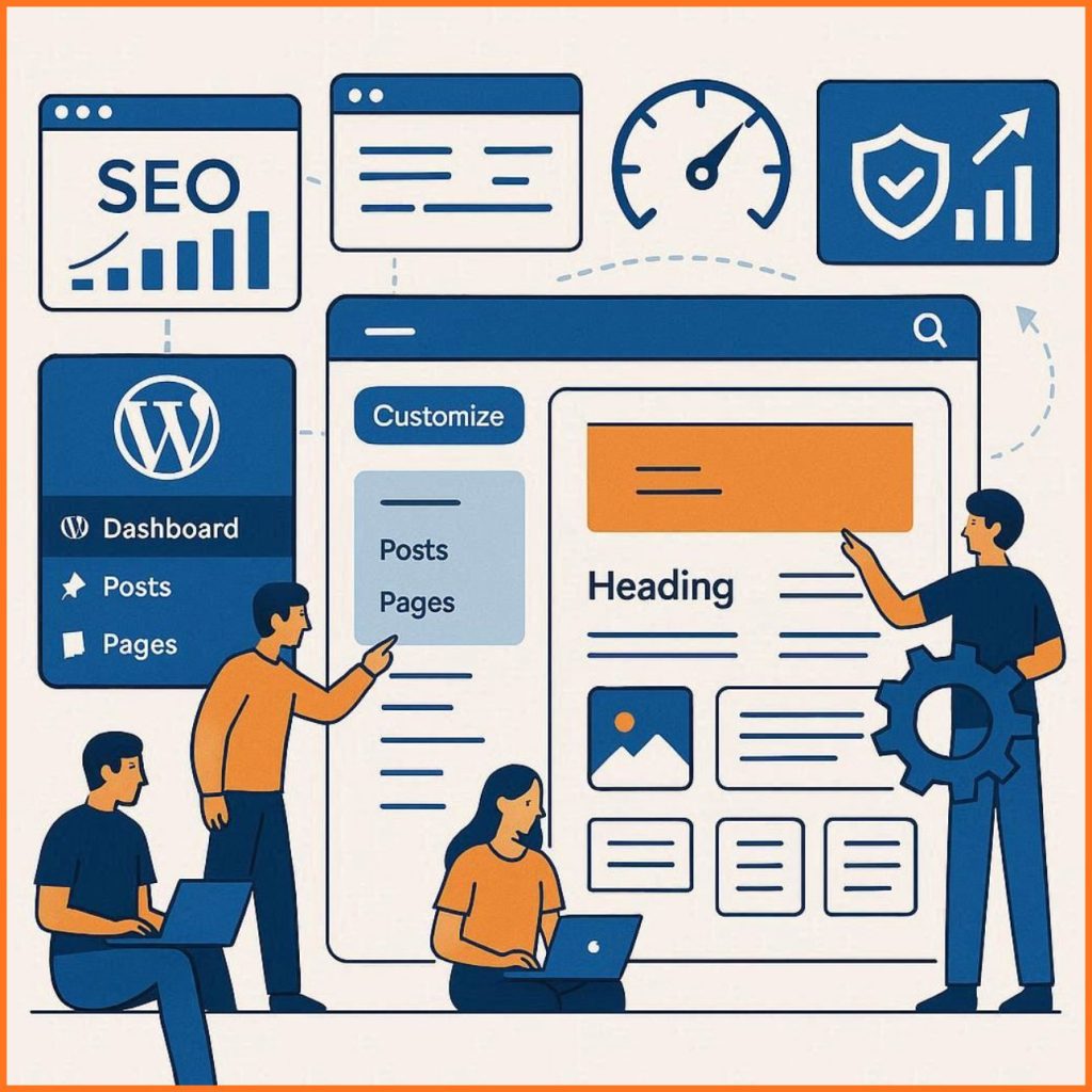a team designing an SEO-friendly WordPress website with theme customization, fast-loading features, plugin icons, and a clean