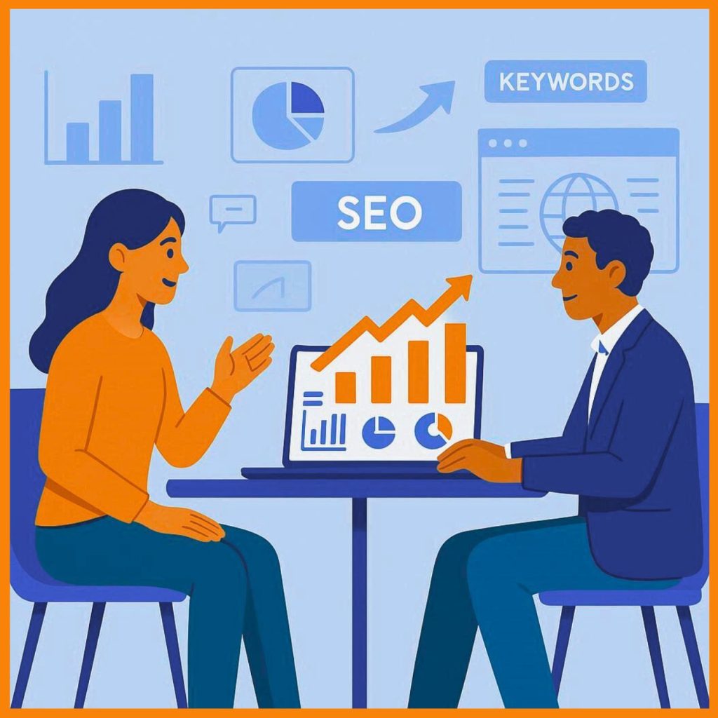 professionals discussing SEO growth strategy in a modern office setup with a laptop showing upward analytics graph