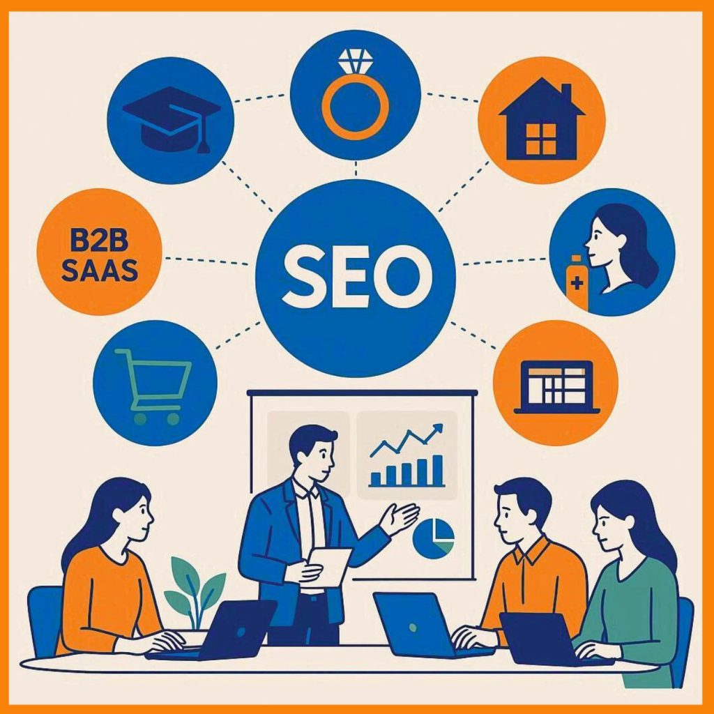 showing marketing professionals analyzing SEO performance for multiple industries, including education, jewellery, real estate, skincare clinics, B2B SaaS, and e-commerce, in a modern office setup with blue, orange, and green tones.