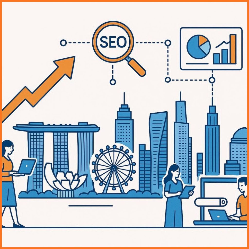 image of Singapore skyline with SEO icons, growth arrows, and digital marketing elements in blue and orange.