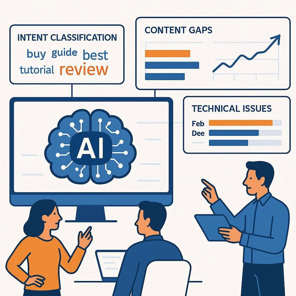 image showing AI analyzing SEO data for keyword intent, content gaps, traffic trends, and technical issue detection.