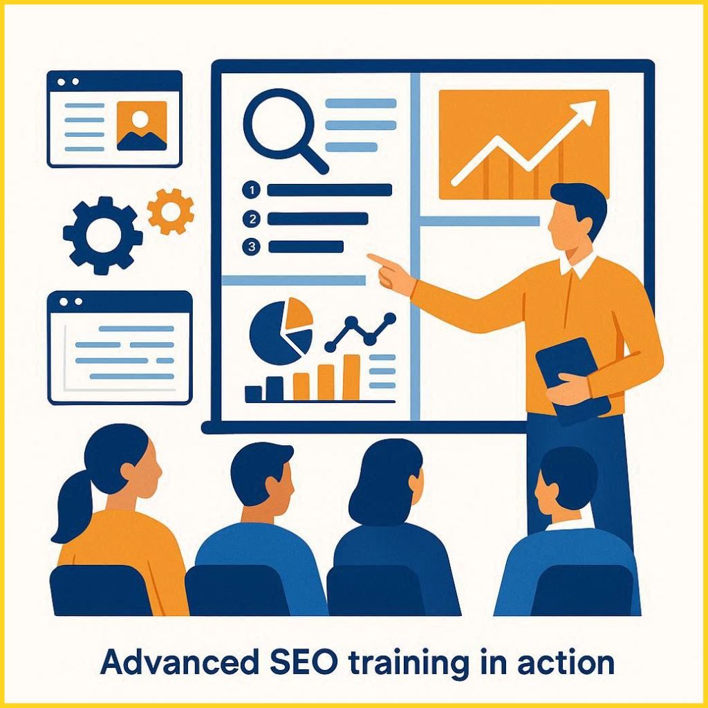 illustration of advanced SEO training showing keyword ranking analysis, competitor research, site optimisation, and technical SEO concepts in blue and orange theme.