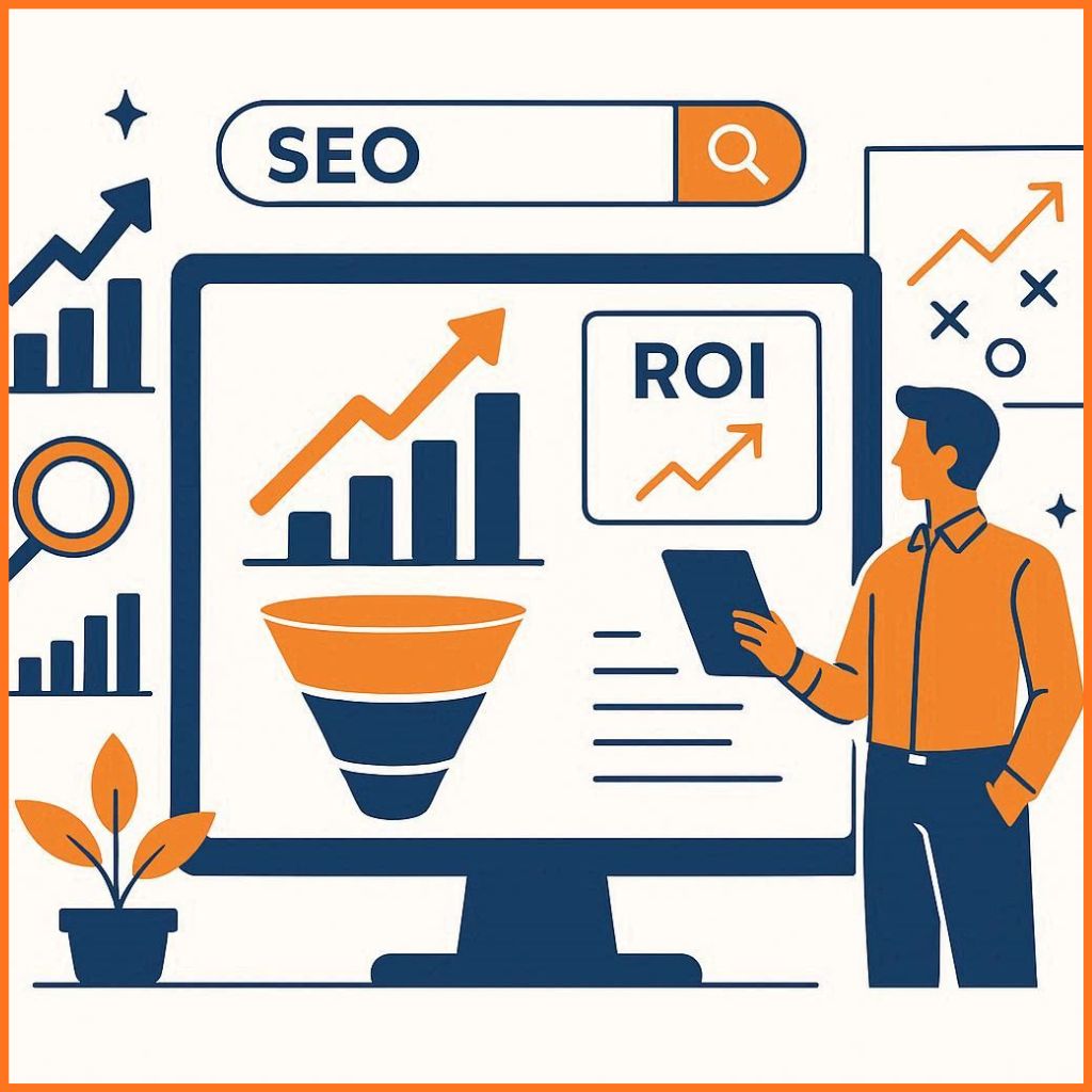image showing advanced SEO strategy focused on ROI, revenue growth, analytics dashboards, and business performance in blue and orange theme.