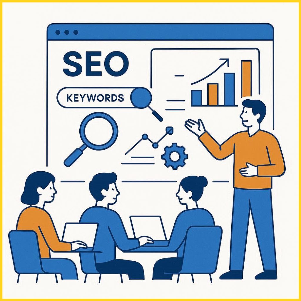 illustration of beginner SEO training with students learning keywords, rankings, and website optimisation guided by a trainer in blue and orange theme.