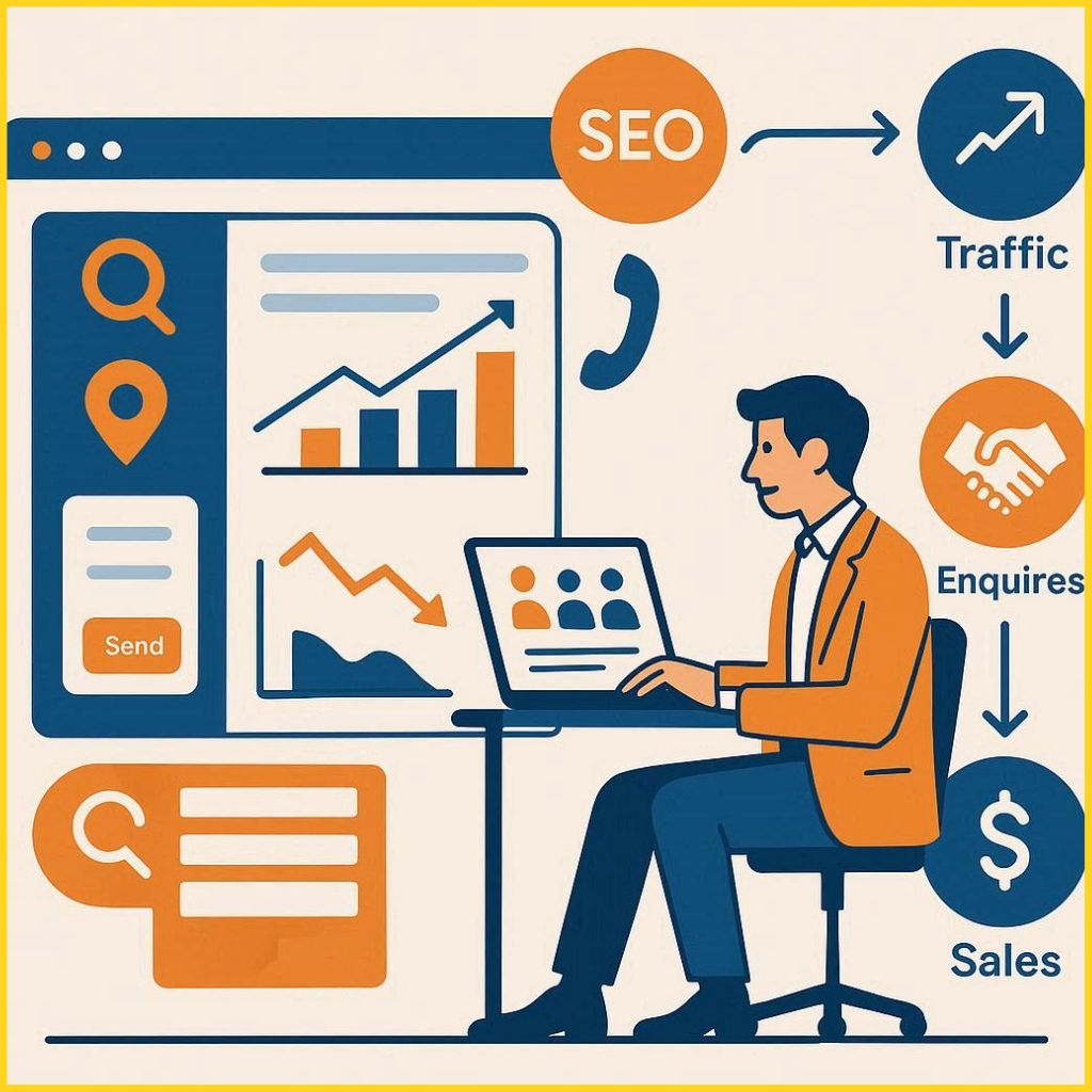 image showing business-focused SEO strategy with lead generation, enquiries, and conversions, blue and orange theme, WorkSEO
