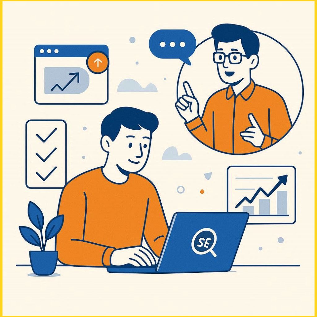 image showing lifetime SEO support with expert guidance, updates, and continuous learning, blue and orange theme, WorkSEO