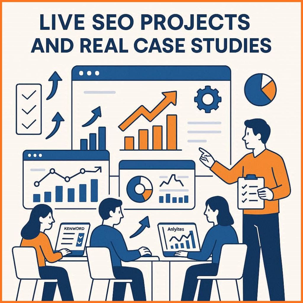 illustration of students working on live SEO projects with real website data, keyword rankings, traffic growth charts, and trainer guidance in blue and orange theme.