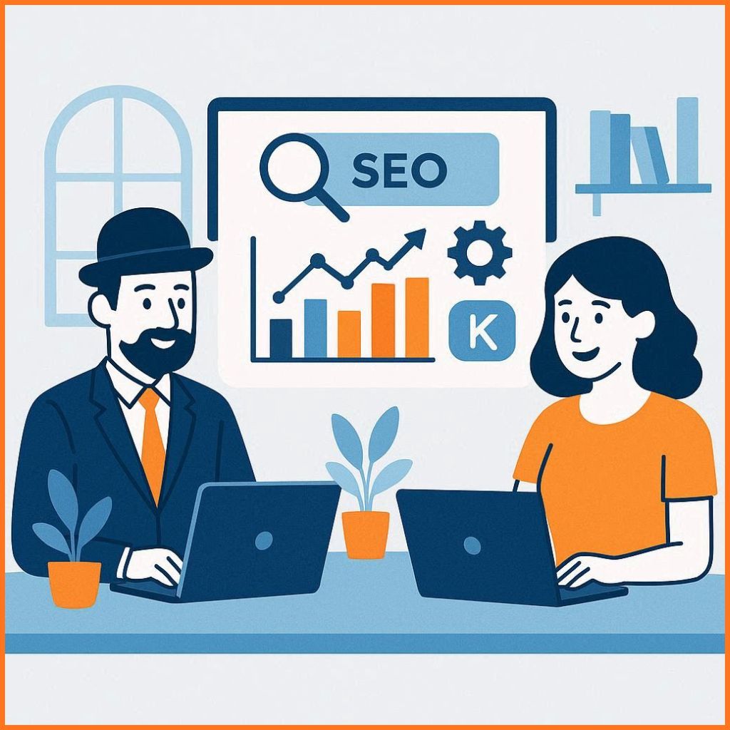 image of business owners and housewives learning an online SEO course from home using laptops, blue and orange theme, by WorkSEO