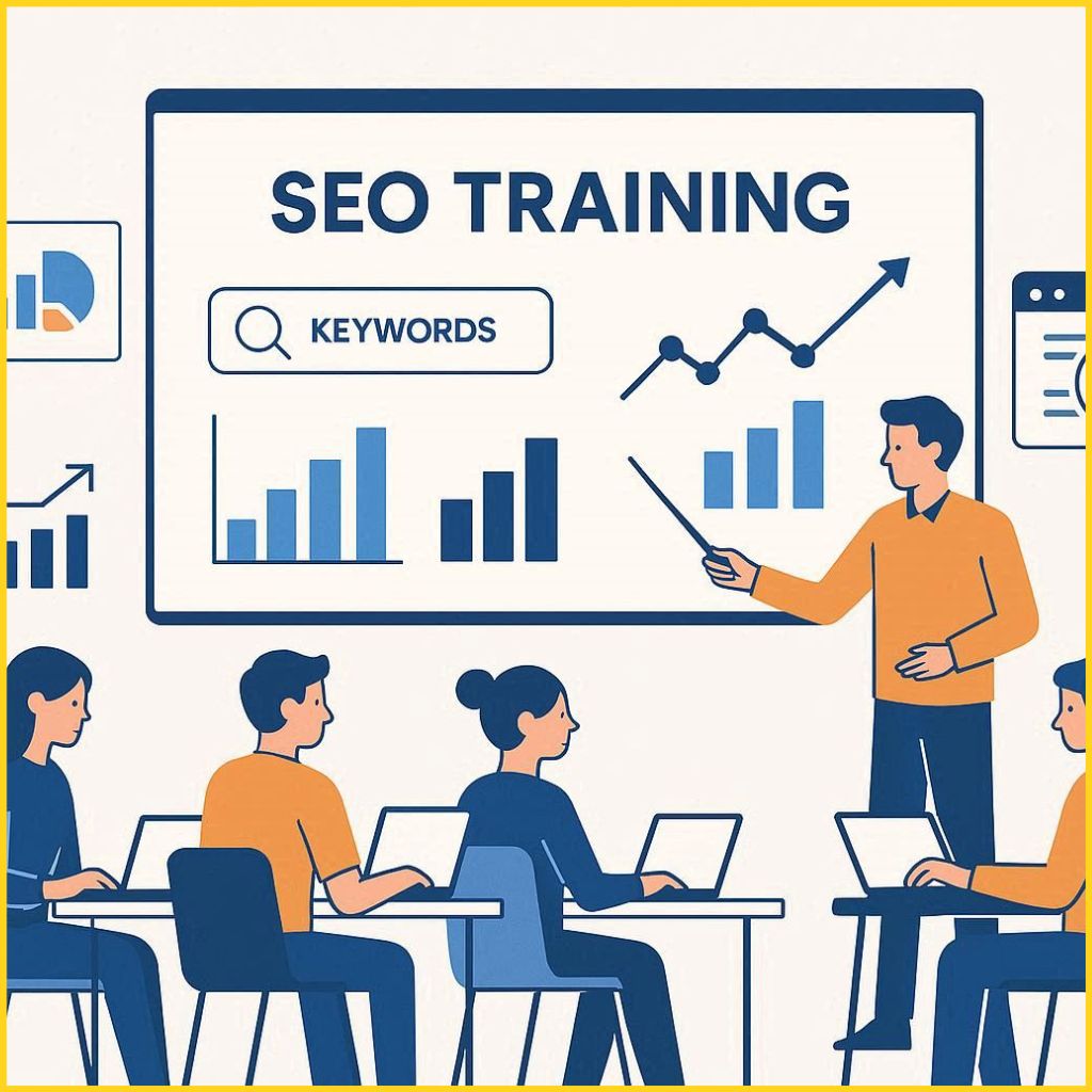 illustration of students learning SEO training online with laptops, keyword charts, analytics graphs, and a trainer explaining SEO concepts.