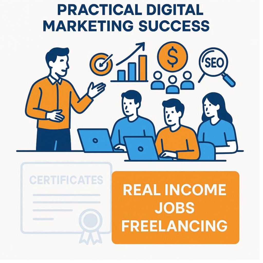 illustration of ROI-driven digital marketing training at WorkSEO showing real income growth, jobs, freelancing, and business results instead of certificates