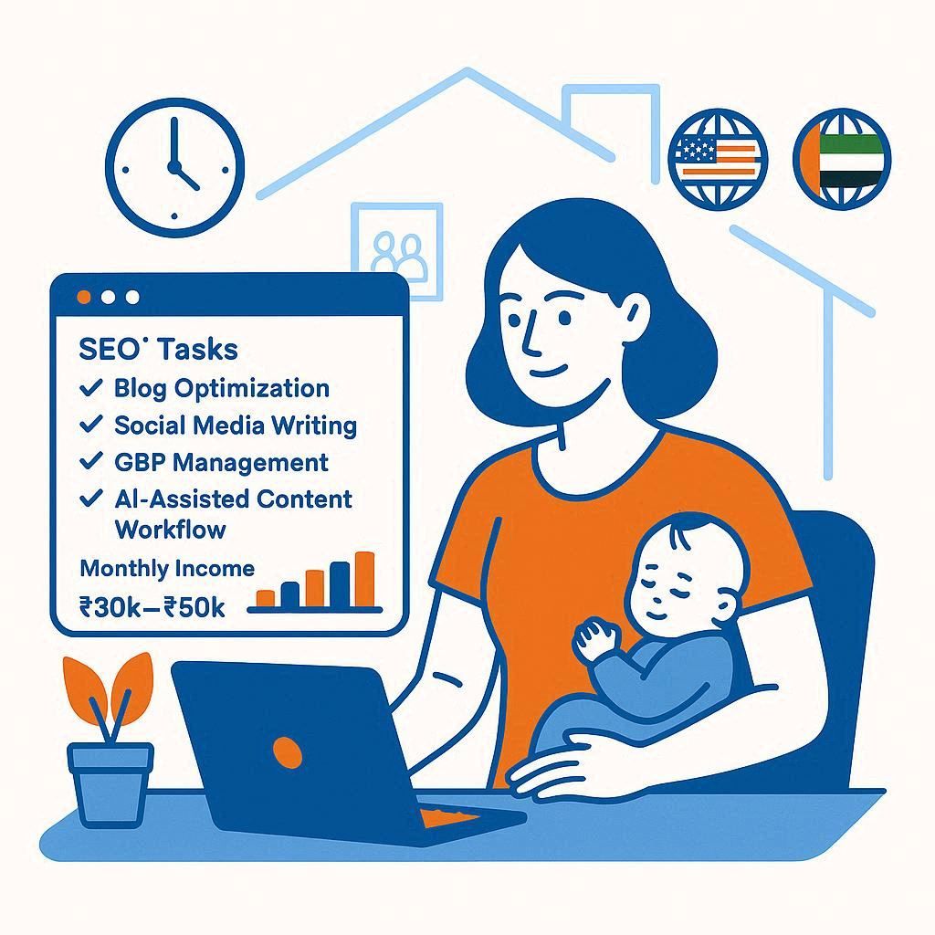 image of WorkSEO work-from-home digital marketing training showing freelancing, SEO content work, AI assistance, and flexible monthly income for housewives