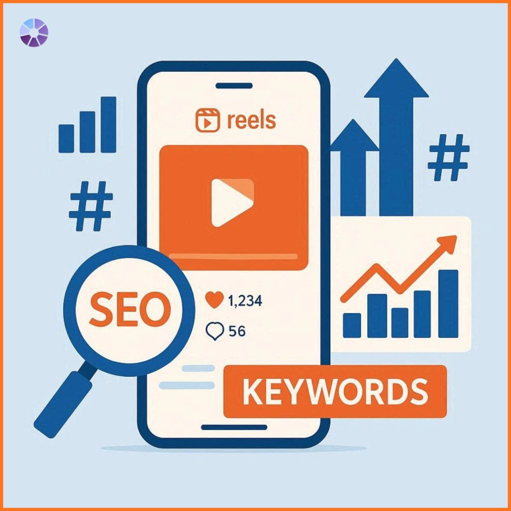 image of Instagram Reels SEO strategy showing viral hashtags, keyword optimization, and growth analytics in blue and orange theme for 2026 India Reels marketing