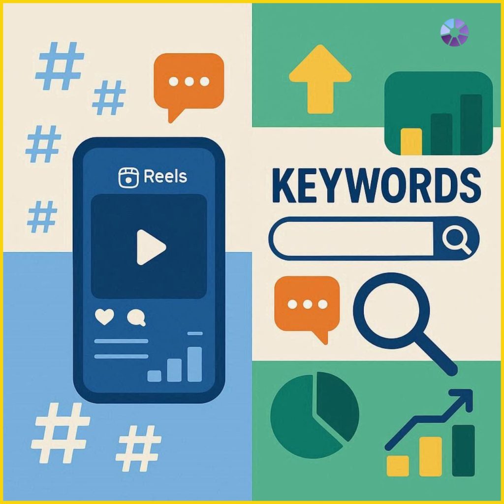 Flat vector illustration showing Instagram Reels evolving into a search engine in 2026, comparing hashtags and keywords with SEO elements, analytics icons, and growth signals for Instagram SEO strategy.