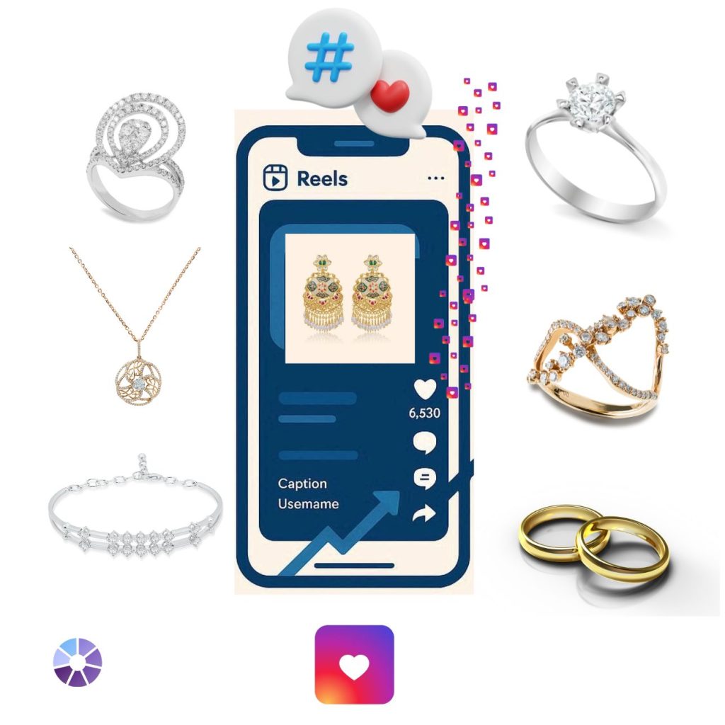 Flat vector illustration of Instagram Reels hashtags strategy for jewelry selling online, showing digital marketing growth and jewellery products in 2026