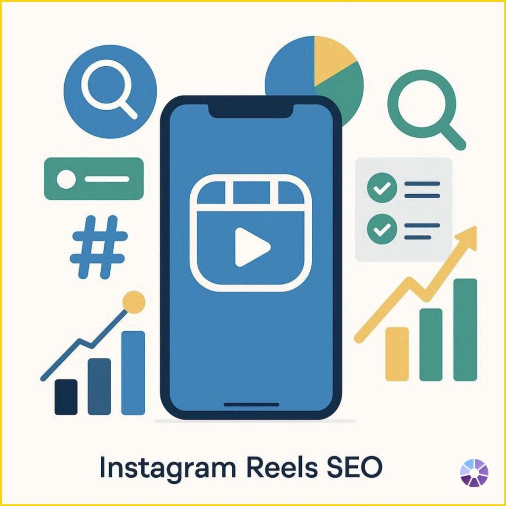 image representing Instagram Reels SEO checklist 2026 with smartphone reels, search optimization elements, analytics growth, keywords, and digital marketing symbols in blue, green, yellow, and orange colors.